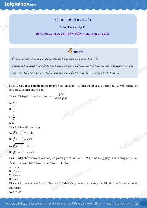 Đề thi học kì 2 Toán 11 - Đề số 1